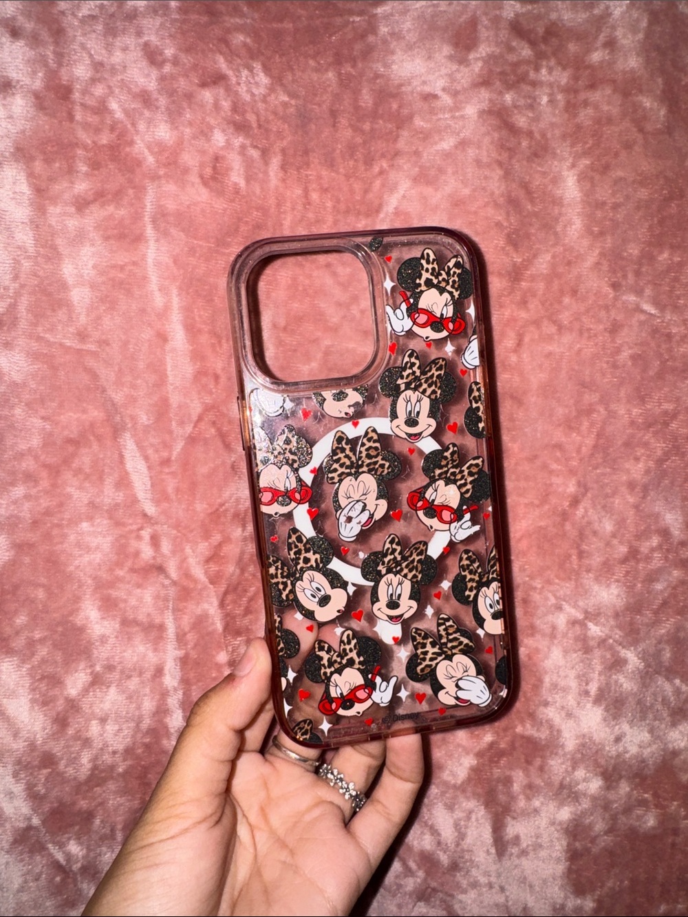 Disney Minnie Mouse Leopard Bow Clear Pink Phone Case 16 pro max